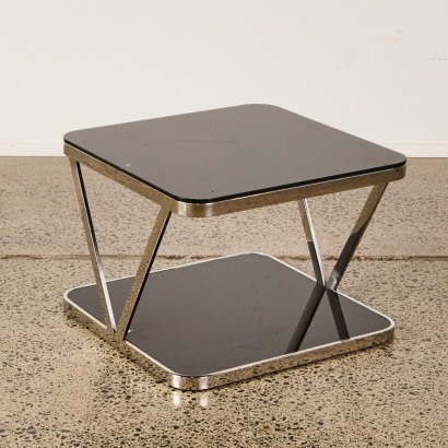 A Regency Black Glass And Chome Coffee Table