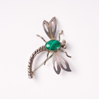 A Vintage Sterling Silver Dragonfly Brooch with Malachite Stone