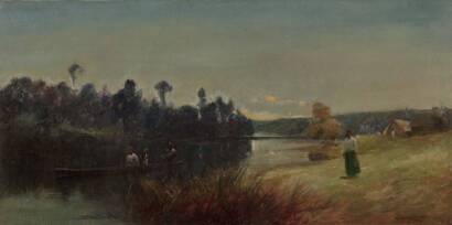 WALTER WRIGHT Maori Figures on the River at Sunset