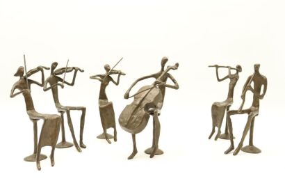 A group of six bronze cast musician decorations