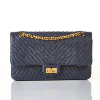 Chanel, 2.55 Navy Blue Chevron Leather Reissue 225 Double Flap Bag