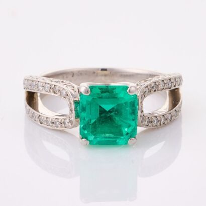 Platinum, Modern, 1.91ct Emerald / .49ct Diamond Set Ring