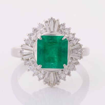 Platinum, Modern, 2.47ct Emerald / .87cts Diamond Set Ballerina Style Ring