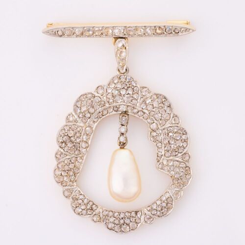 Platinum / 16ct Yellow Gold, Antique, 2.80ct Diamond / Natural Pearl Brooch