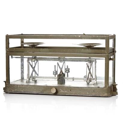 A Glass Framed Scientific Nickel Balance Scale