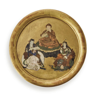 A Chinese Early/Mid Qing Dynasty Gilt Coloured Lacquer Plate decorated with Guanyin