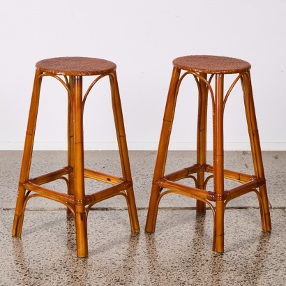 A Pair of Vintage Bamboo & Cane Stools