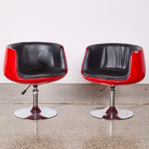 A Pair Of Retro Tub Chairs In Red With Chrome Base