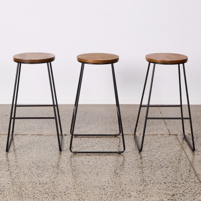 A Trio Of Minimal Steel & Wood Barstools