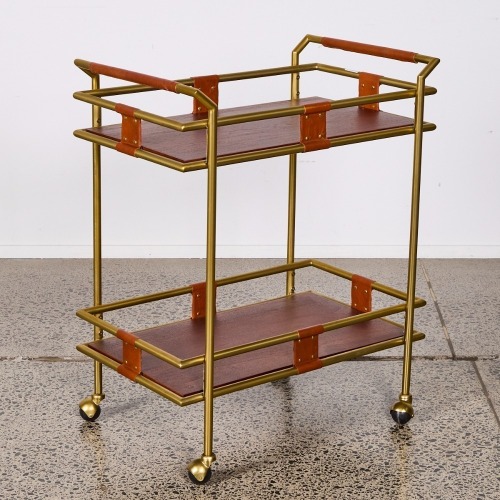 A Leather and Brass Plated Bar Cart with Acacia Wood Shelving