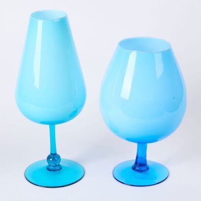 A Pair of Oversized Blue Glass Goblet Vases