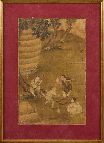 A Chinese 17th century silk painting of drinking and pleasure (Tang yin stamp)