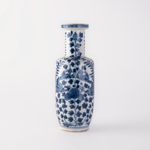 A Chinese Qing dynasty blue and white 'dragon' rouleau vase