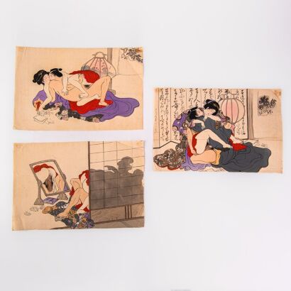 Three Japanese early 20th century hand-painted (on silk) chungyo paintings