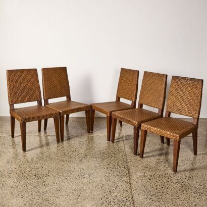 A Set of Five Weaved Wicker and Wood Dining Chairs