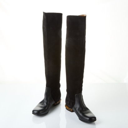 Gucci, Black Suede and Leather Knee High Boots Size 35.5