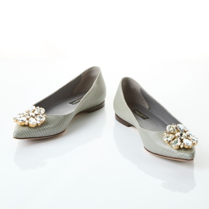 Dolce and Gabbana, Grey Leather Crystal Flower Flat Shoes, Size 35 with Box