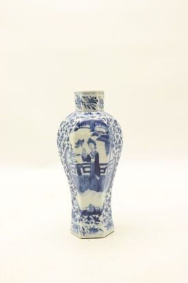 A Chinese Qing dynasty blue and white 'figural' hexagonal vase (Kangxi year mark)