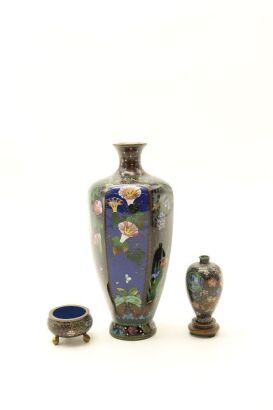 Two Chinese cloisonn‚vases and one cloisonn‚© incense burner