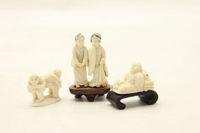 Three Japanese 20th century bone carved figures (Tomoe, Kouzou and Tadayama models)