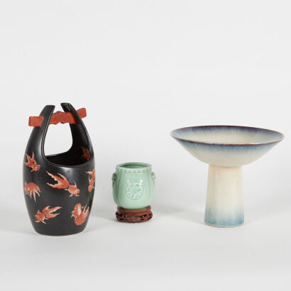 A Chinese Porcelain Tall Tray, A Water Bucket & A Small Celadon-Glazed Vase