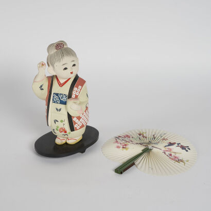 A Wooden Japanese Figure And Chinbese Painted Fan