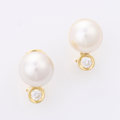 14ct Yellow Gold, 12.10mm South Sea Cultured Pearl / .44ct Diamond Earrings