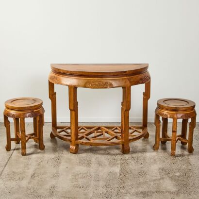 A pair of Chinese vintage Nanmu "bats and shou‘ round table and two stools