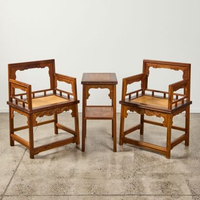 A set of Chinese vintage Nanmu rose chairs and stool