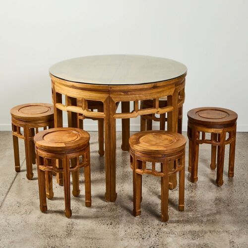 A set of Chinese vintage Nanmu tea table and stools