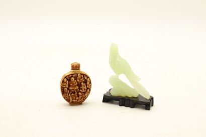 A Chinese Jade 'Magpie' Ornament and A Carved Bone Snuff Bottle