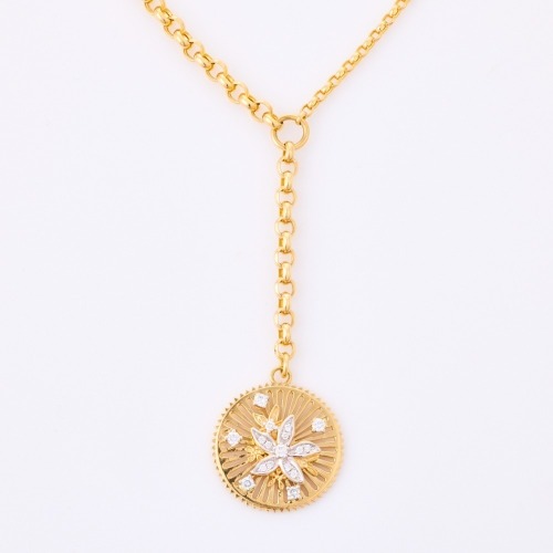 18ct Yellow Gold, .22ct Diamond Set Flower Pendant with 47cm Belcher Chain