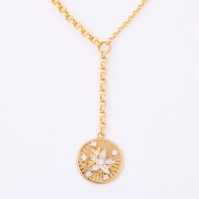 18ct Yellow Gold, .22ct Diamond Set Flower Pendant with 47cm Belcher Chain