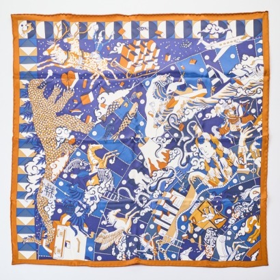 Hermès, Vintage, L Epopee D Marine Caramel, 100% Silk Scarf with Box