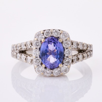 14ct White Gold, Modern,1.20ct Tanzanite /1.82ct Diamond Cluster Ring