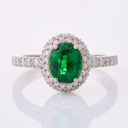 Platinum, Modern,1.59ct Oval Tsavorite / 1.25cts Diamond Ring - Near new