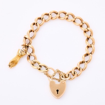 9ct Yellow Gold, Vintage, Hollow Curb Link Bracelet with Heart Shape Padlock Clasp and Hand Charm