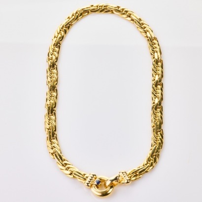 18ct Yellow Gold, Hollow Fancy Link Large Collar, with Sapphire Set Clasp