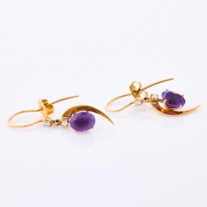 9ct Rose Gold, Handmade, Amethyst / Diamond Drop Earrings