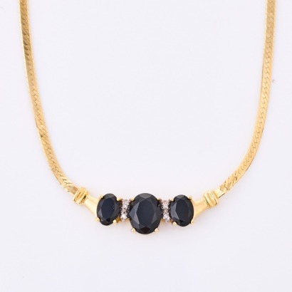 14ct Yellow Gold, Faceted Onyx / .03ct Diamond Necklace