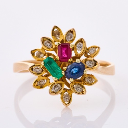 14ct Yellow Gold, Modern, Multi Gemstone / .10ct Diamond Ring