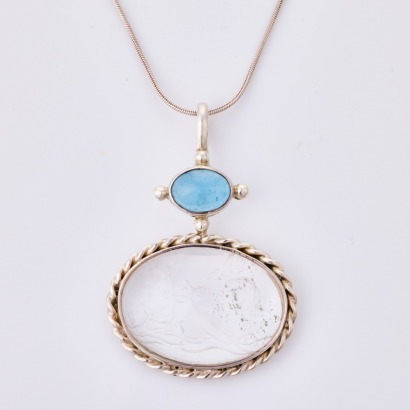 Handmade, Sterling Silver, Carved Rock Crystal Quartz /3.68ct Aquamarine Pendant, on Snake Chain, circa 2021