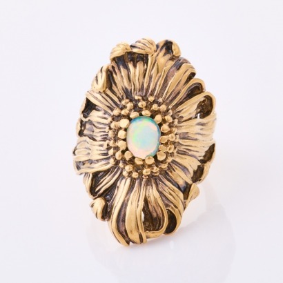 9ct Yellow Gold, Opal Set Flower Ring, made by NZ Jeweller, Gavan Riley