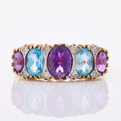 9ct Yellow Gold, Amethyst, Topaz, Diamond Ring