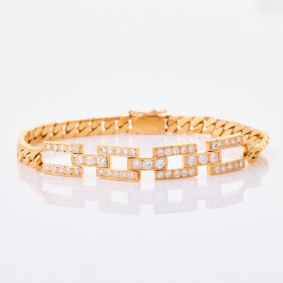 20ct Yellow Gold, Curb Link, 1.25ct Diamond Set Square Link Bracelet