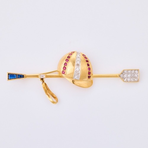 18ct Yellow Gold, Riding Cap and Jumping Bat Gemstone Set Brooch, circa 2001