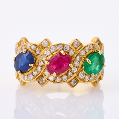 18ct Yellow Gold, .45ct Emerald, .65ct Ruby, .67ct Sapphire / .72ct Diamond Dress Ring