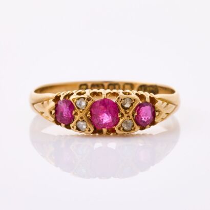 18ct Yellow Gold, Victorian, Three Stone Oval Ruby Ring, circa 1899