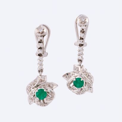 Silver Palladium, Vintage, .50ct Emerald / .50ct Diamond Drop Earrings