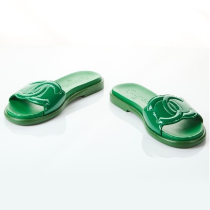 Chanel, Green Patent CC Slides, Size 36.5